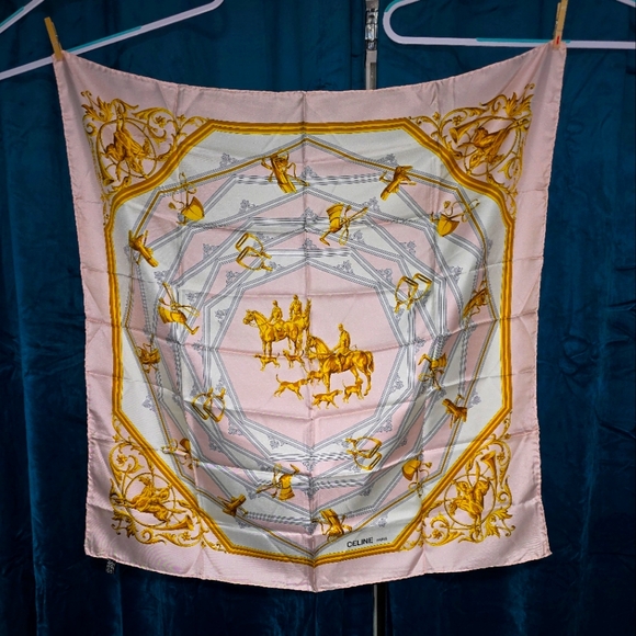 Celine Vintage Horse Hunter Pink, Silver, White and Gold Silk Scarf. 33x33" - Picture 1 of 10
